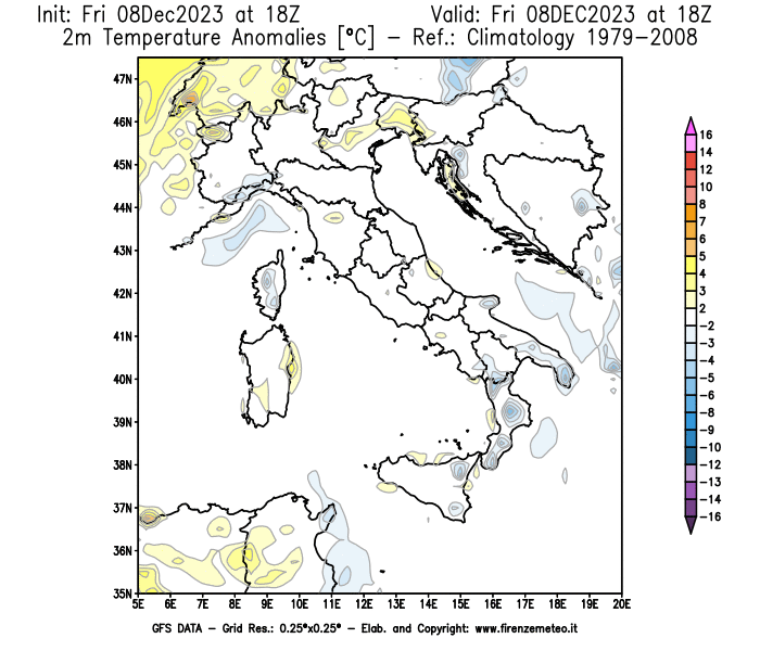 Mappa di analisi GFS - Anomalia Temperatura a 2 m in Italia
							del 8 dicembre 2023 z18