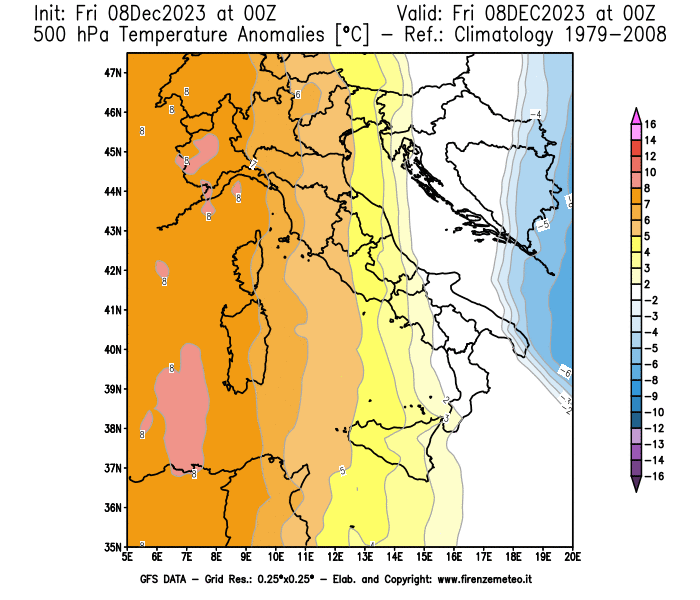 Mappa di analisi GFS - Anomalia Temperatura a 500 hPa in Italia
							del 8 dicembre 2023 z00