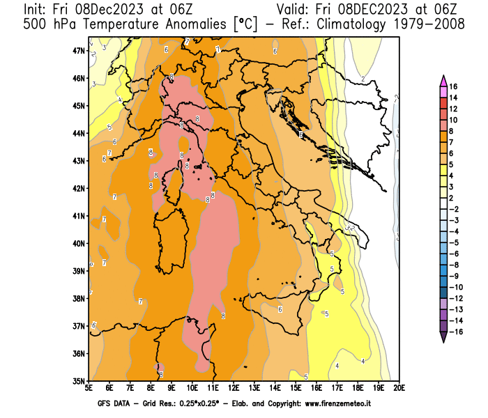 Mappa di analisi GFS - Anomalia Temperatura a 500 hPa in Italia
							del 8 dicembre 2023 z06