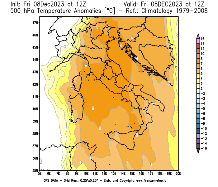 Mappa di analisi GFS - Anomalia Temperatura a 500 hPa in Italia
							del 8 dicembre 2023 z12