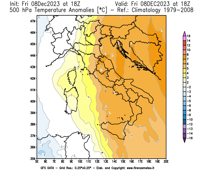 Mappa di analisi GFS - Anomalia Temperatura a 500 hPa in Italia
							del 8 dicembre 2023 z18