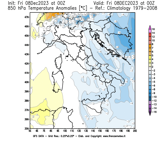 Mappa di analisi GFS - Anomalia Temperatura a 850 hPa in Italia
							del 8 dicembre 2023 z00