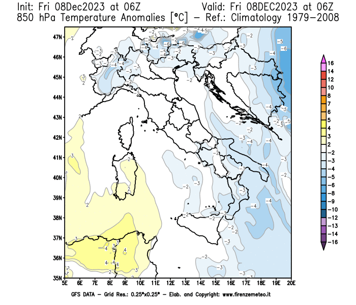 Mappa di analisi GFS - Anomalia Temperatura a 850 hPa in Italia
							del 8 dicembre 2023 z06
