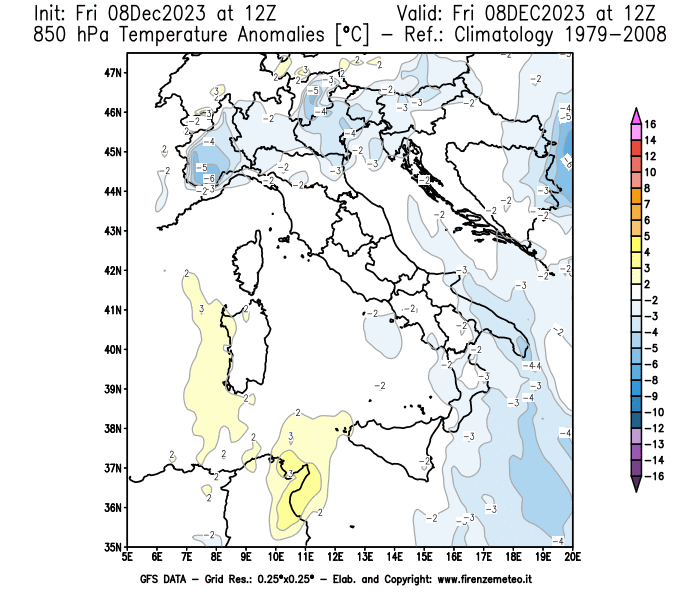 Mappa di analisi GFS - Anomalia Temperatura a 850 hPa in Italia
							del 8 dicembre 2023 z12