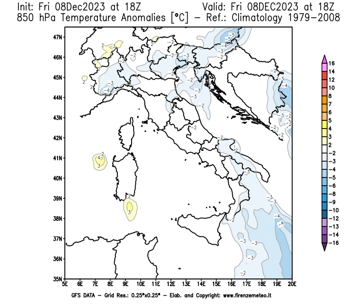 Mappa di analisi GFS - Anomalia Temperatura a 850 hPa in Italia
							del 8 dicembre 2023 z18