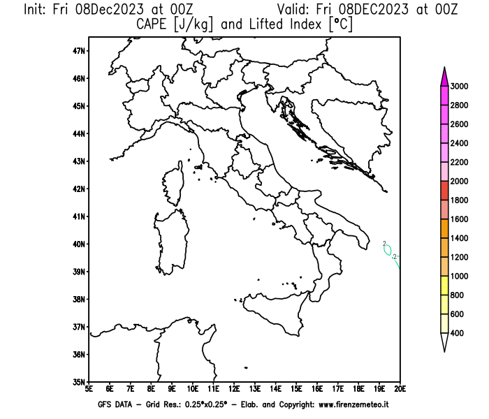 Mappa di analisi GFS - CAPE e Lifted Index in Italia
							del 8 dicembre 2023 z00