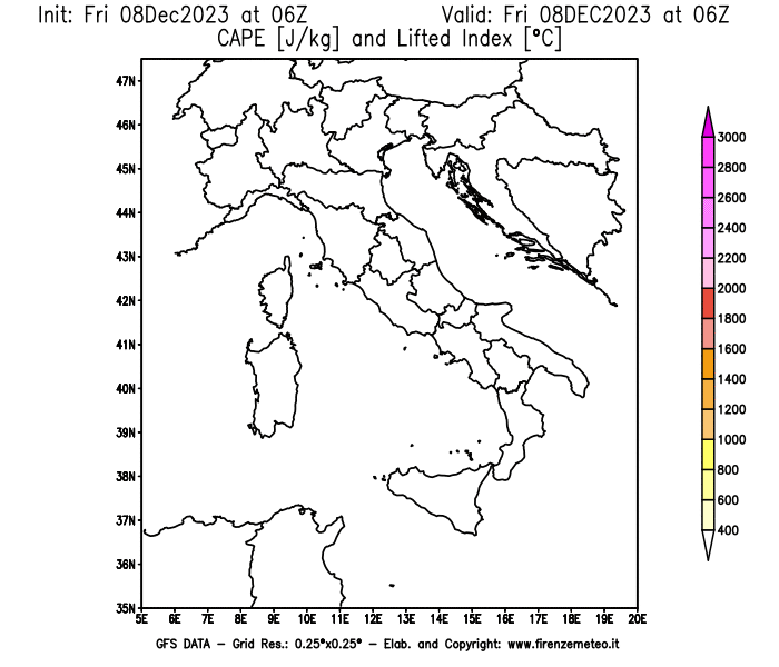 Mappa di analisi GFS - CAPE e Lifted Index in Italia
							del 8 dicembre 2023 z06