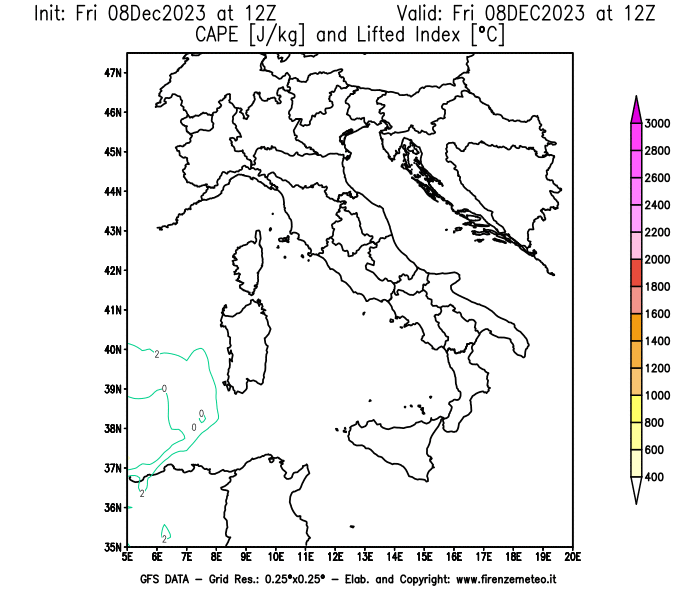 Mappa di analisi GFS - CAPE e Lifted Index in Italia
							del 8 dicembre 2023 z12