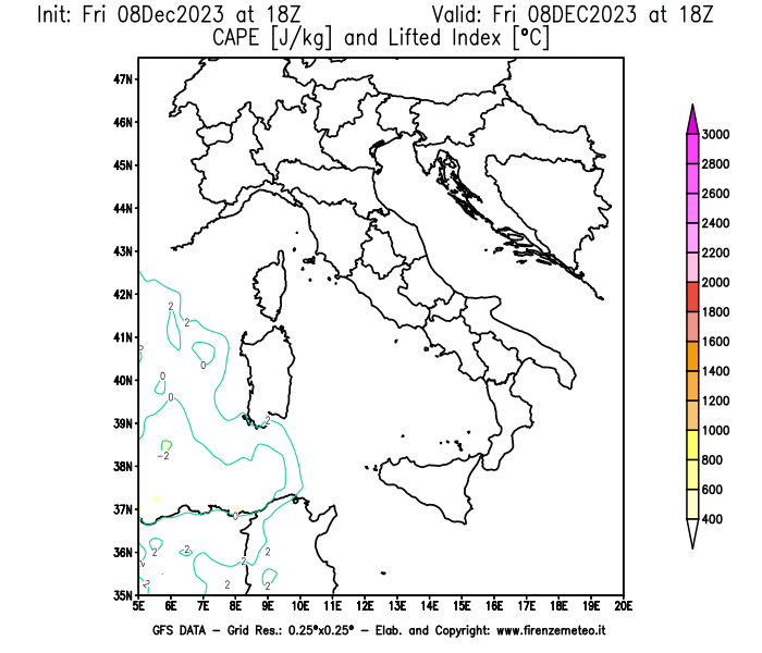 Mappa di analisi GFS - CAPE e Lifted Index in Italia
							del 8 dicembre 2023 z18