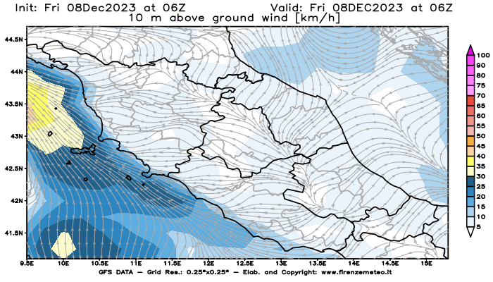 Mappa di analisi GFS - Velocità del vento a 10 metri dal suolo in Centro-Italia
							del 8 dicembre 2023 z06