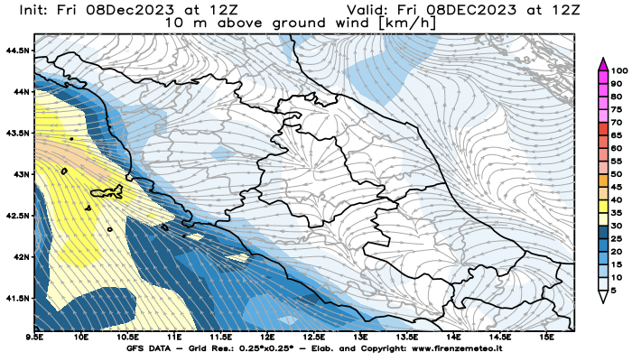 Mappa di analisi GFS - Velocità del vento a 10 metri dal suolo in Centro-Italia
							del 8 dicembre 2023 z12
