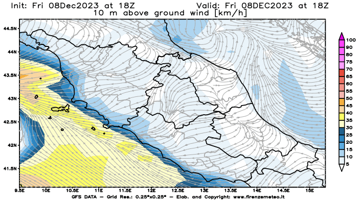 Mappa di analisi GFS - Velocità del vento a 10 metri dal suolo in Centro-Italia
							del 8 dicembre 2023 z18