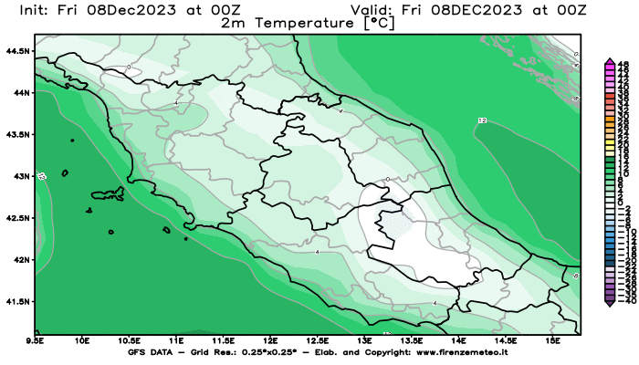 Mappa di analisi GFS - Temperatura a 2 metri dal suolo in Centro-Italia
							del 8 dicembre 2023 z00