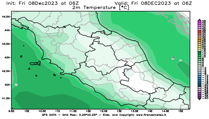 Mappa di analisi GFS - Temperatura a 2 metri dal suolo in Centro-Italia
							del 8 dicembre 2023 z06