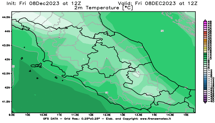 Mappa di analisi GFS - Temperatura a 2 metri dal suolo in Centro-Italia
							del 8 dicembre 2023 z12