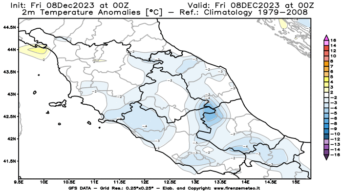 Mappa di analisi GFS - Anomalia Temperatura a 2 m in Centro-Italia
							del 8 dicembre 2023 z00
