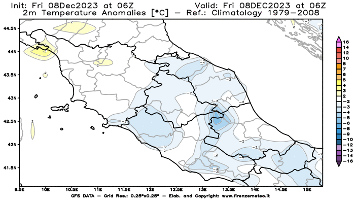 Mappa di analisi GFS - Anomalia Temperatura a 2 m in Centro-Italia
							del 8 dicembre 2023 z06