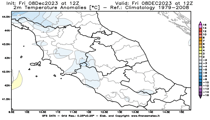 Mappa di analisi GFS - Anomalia Temperatura a 2 m in Centro-Italia
							del 8 dicembre 2023 z12