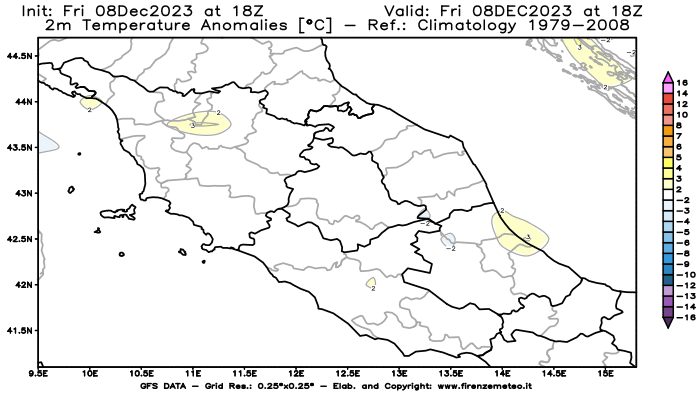 Mappa di analisi GFS - Anomalia Temperatura a 2 m in Centro-Italia
							del 8 dicembre 2023 z18