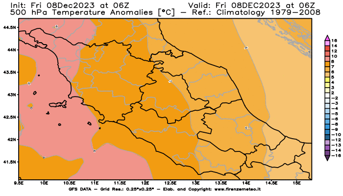 Mappa di analisi GFS - Anomalia Temperatura a 500 hPa in Centro-Italia
							del 8 dicembre 2023 z06