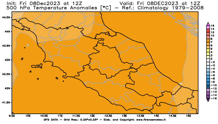 Mappa di analisi GFS - Anomalia Temperatura a 500 hPa in Centro-Italia
							del 8 dicembre 2023 z12
