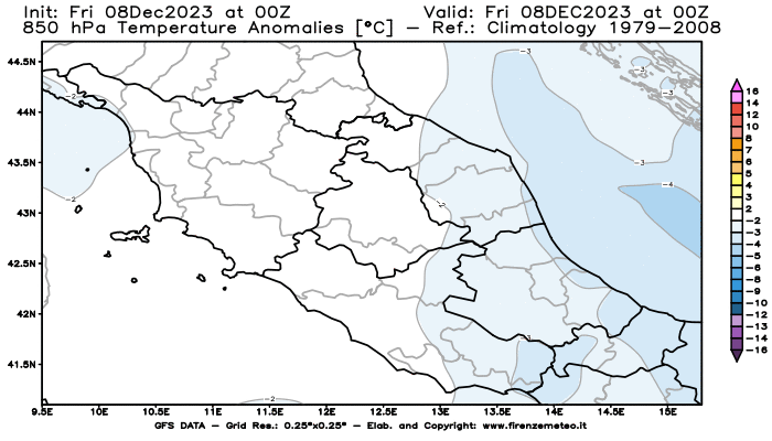 Mappa di analisi GFS - Anomalia Temperatura a 850 hPa in Centro-Italia
							del 8 dicembre 2023 z00