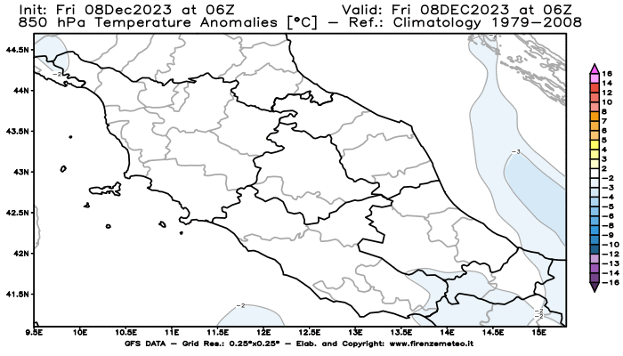 Mappa di analisi GFS - Anomalia Temperatura a 850 hPa in Centro-Italia
							del 8 dicembre 2023 z06