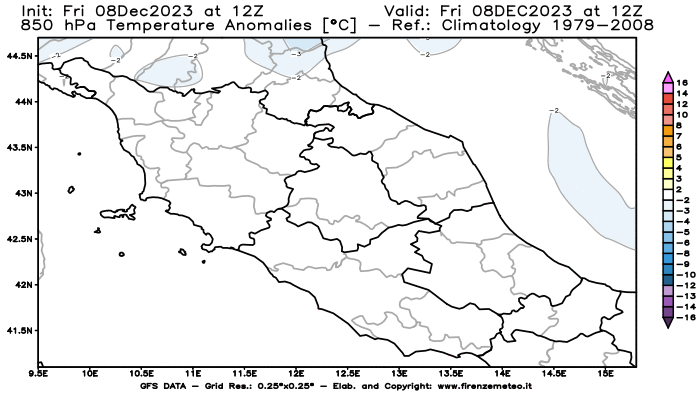 Mappa di analisi GFS - Anomalia Temperatura a 850 hPa in Centro-Italia
							del 8 dicembre 2023 z12