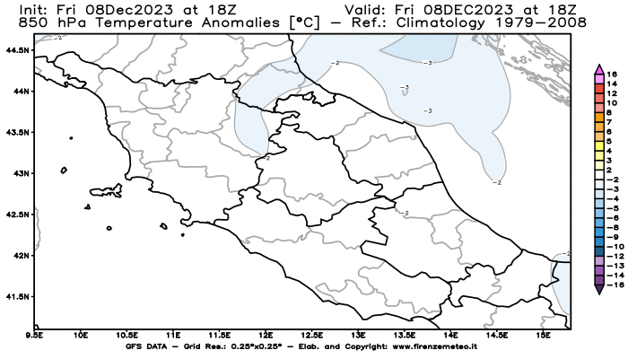 Mappa di analisi GFS - Anomalia Temperatura a 850 hPa in Centro-Italia
							del 8 dicembre 2023 z18