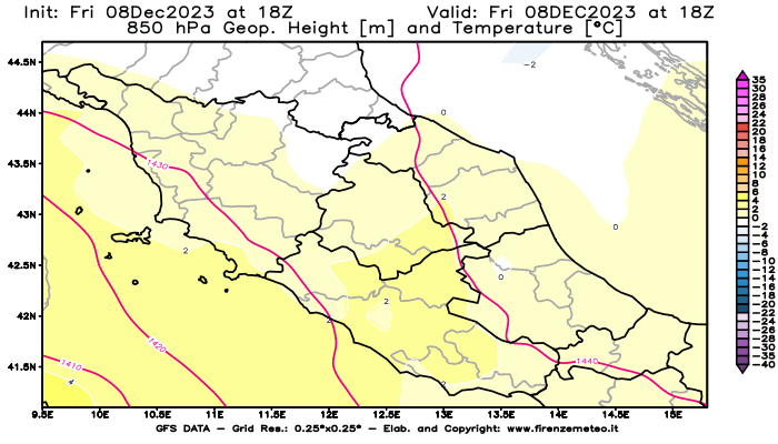 Mappa di analisi GFS - Geopotenziale e Temperatura a 850 hPa in Centro-Italia
							del 8 dicembre 2023 z18