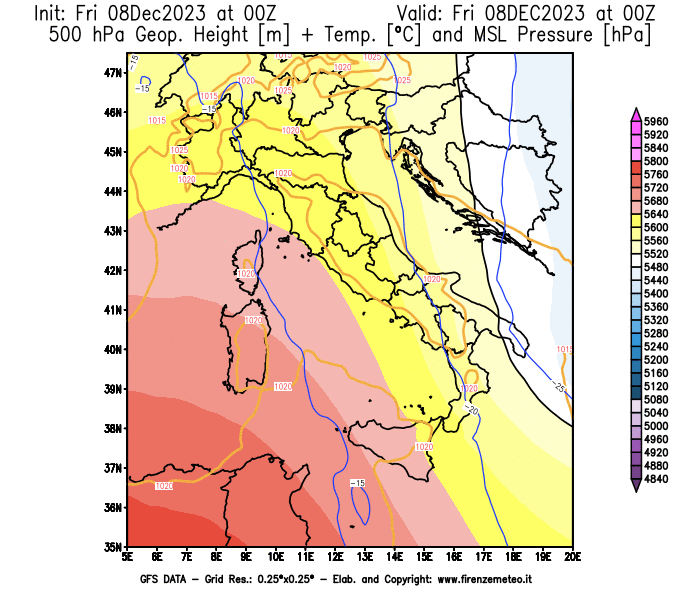 Mappa di analisi GFS - Geopotenziale + Temp. a 500 hPa + Press. a livello del mare in Italia
							del 8 dicembre 2023 z00