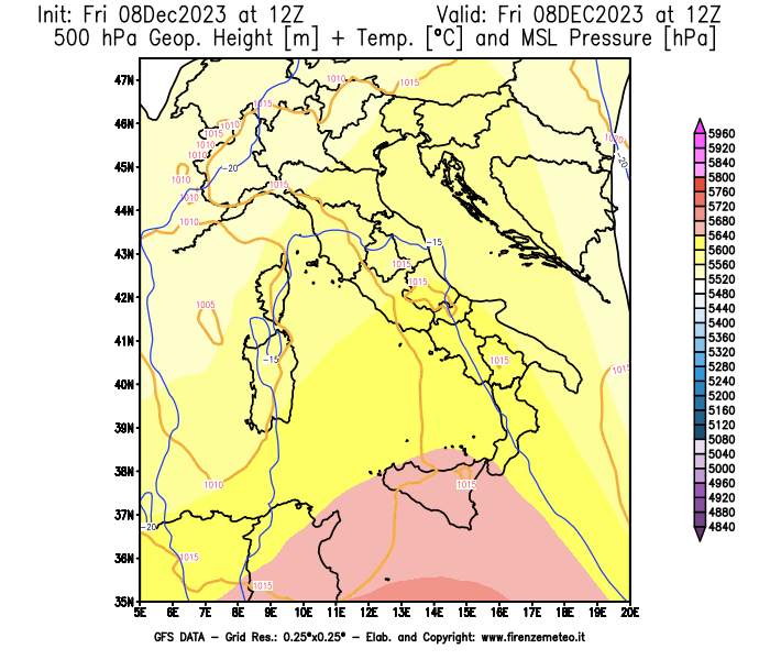 Mappa di analisi GFS - Geopotenziale + Temp. a 500 hPa + Press. a livello del mare in Italia
							del 8 dicembre 2023 z12