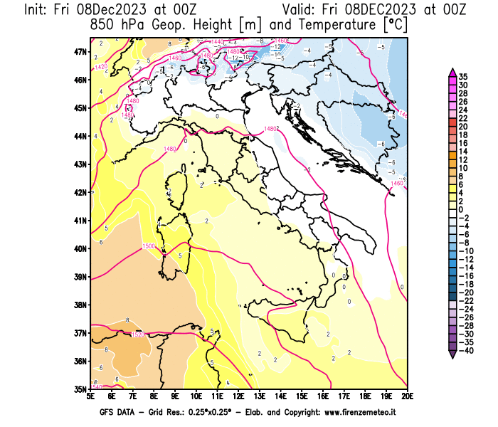 Mappa di analisi GFS - Geopotenziale e Temperatura a 850 hPa in Italia
							del 8 dicembre 2023 z00
