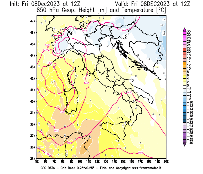 Mappa di analisi GFS - Geopotenziale e Temperatura a 850 hPa in Italia
							del 8 dicembre 2023 z12