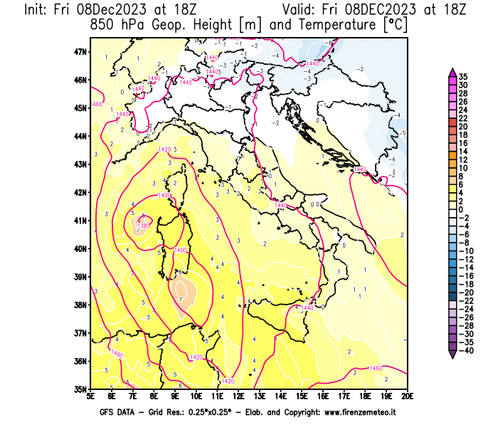 Mappa di analisi GFS - Geopotenziale e Temperatura a 850 hPa in Italia
							del 8 dicembre 2023 z18
