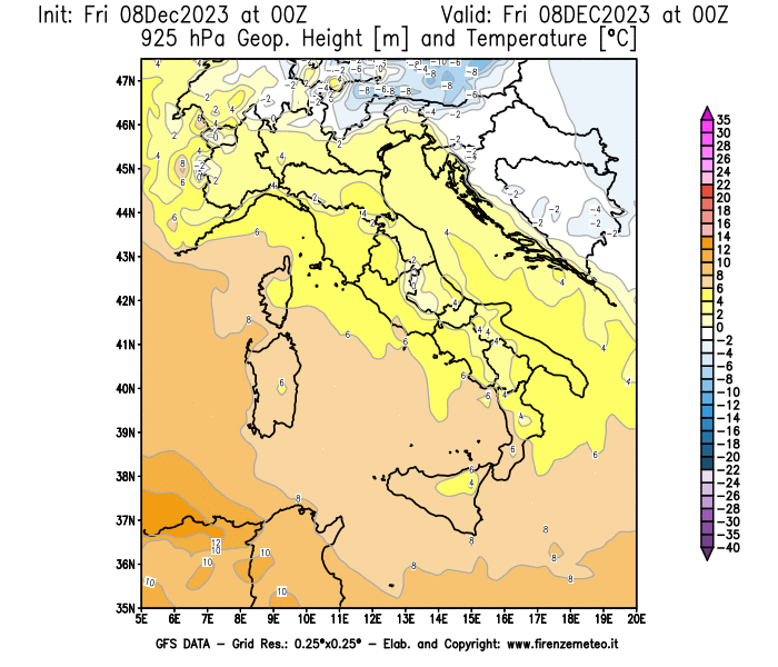 Mappa di analisi GFS - Geopotenziale e Temperatura a 925 hPa in Italia
							del 8 dicembre 2023 z00