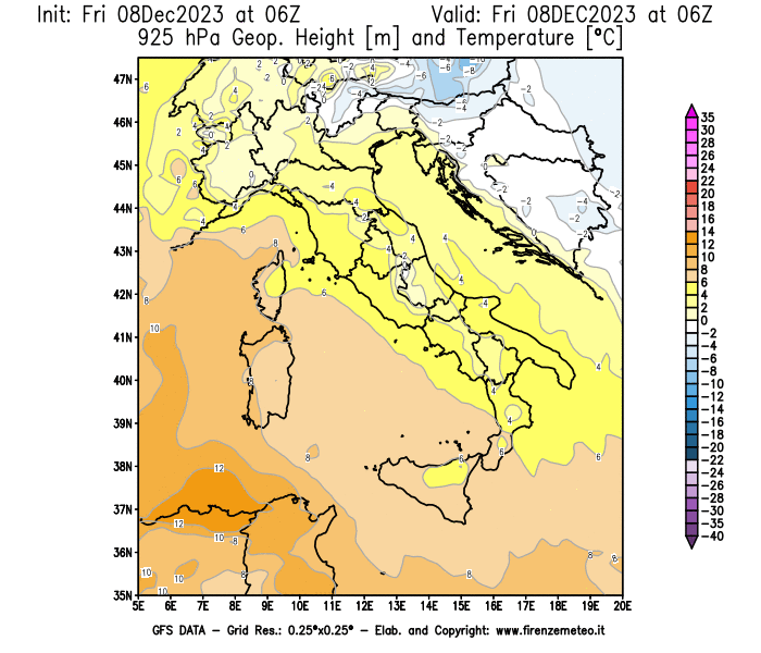 Mappa di analisi GFS - Geopotenziale e Temperatura a 925 hPa in Italia
							del 8 dicembre 2023 z06