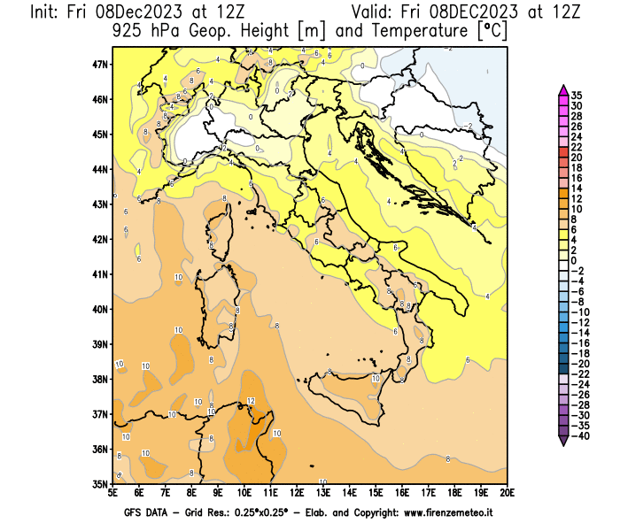 Mappa di analisi GFS - Geopotenziale e Temperatura a 925 hPa in Italia
							del 8 dicembre 2023 z12