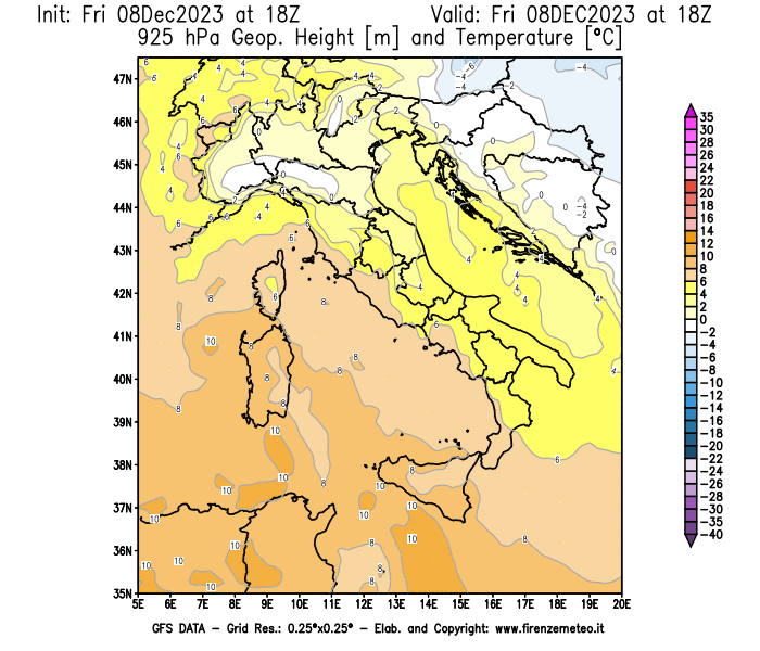 Mappa di analisi GFS - Geopotenziale e Temperatura a 925 hPa in Italia
							del 8 dicembre 2023 z18
