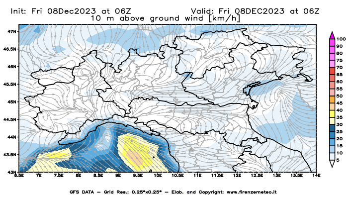 Mappa di analisi GFS - Velocità del vento a 10 metri dal suolo in Nord-Italia
							del 8 dicembre 2023 z06