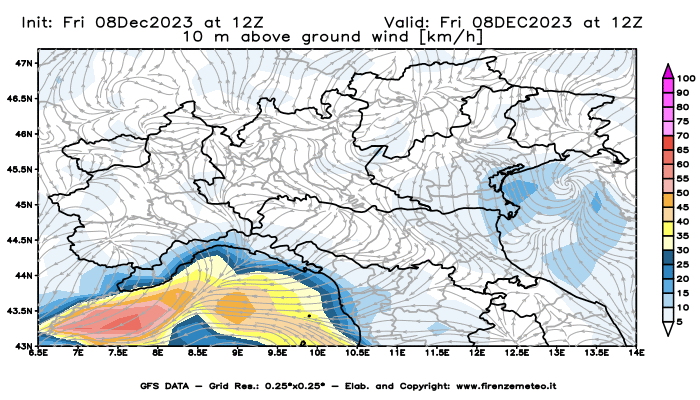 Mappa di analisi GFS - Velocità del vento a 10 metri dal suolo in Nord-Italia
							del 8 dicembre 2023 z12