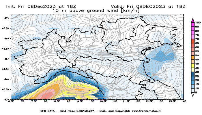 Mappa di analisi GFS - Velocità del vento a 10 metri dal suolo in Nord-Italia
							del 8 dicembre 2023 z18
