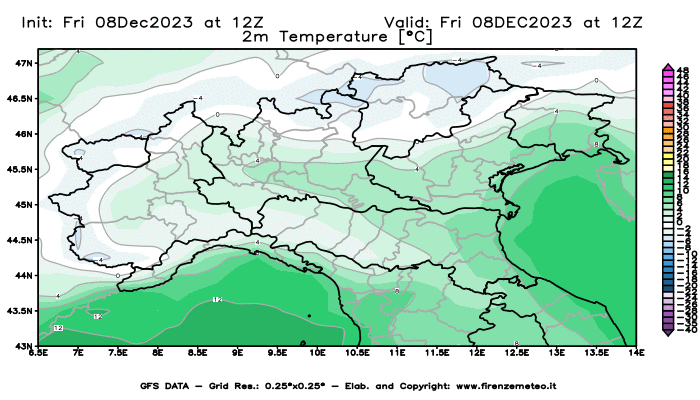 Mappa di analisi GFS - Temperatura a 2 metri dal suolo in Nord-Italia
							del 8 dicembre 2023 z12