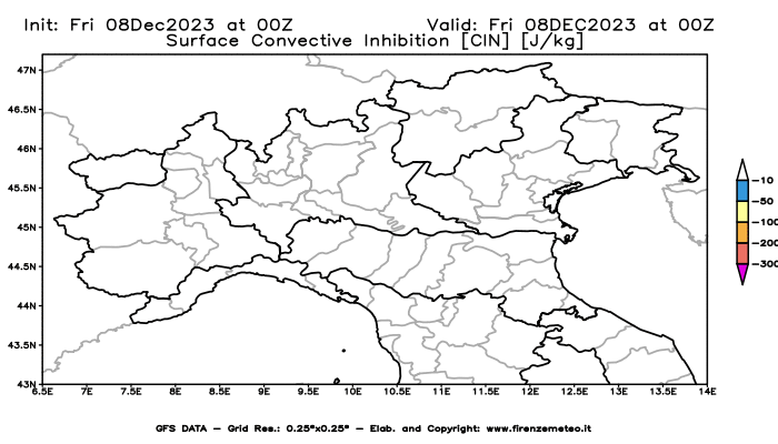 Mappa di analisi GFS - CIN in Nord-Italia
							del 8 dicembre 2023 z00