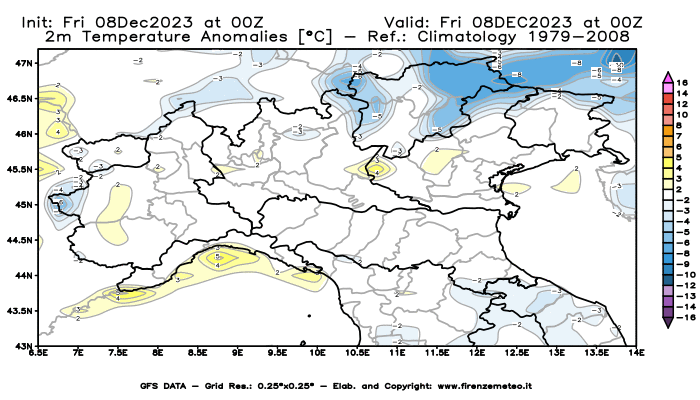 Mappa di analisi GFS - Anomalia Temperatura a 2 m in Nord-Italia
							del 8 dicembre 2023 z00