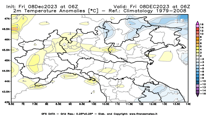 Mappa di analisi GFS - Anomalia Temperatura a 2 m in Nord-Italia
							del 8 dicembre 2023 z06