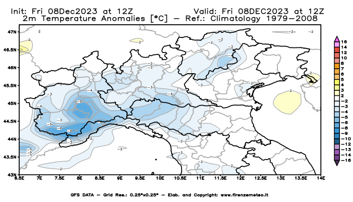 Mappa di analisi GFS - Anomalia Temperatura a 2 m in Nord-Italia
							del 8 dicembre 2023 z12