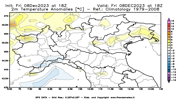 Mappa di analisi GFS - Anomalia Temperatura a 2 m in Nord-Italia
							del 8 dicembre 2023 z18