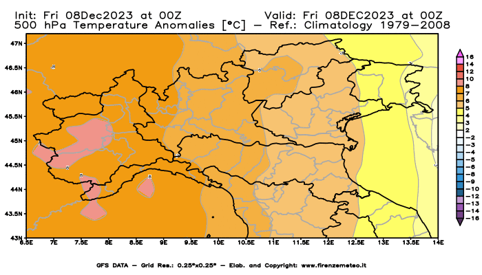 Mappa di analisi GFS - Anomalia Temperatura a 500 hPa in Nord-Italia
							del 8 dicembre 2023 z00