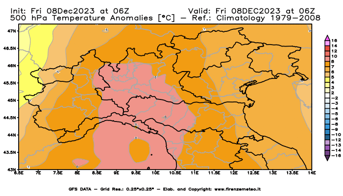 Mappa di analisi GFS - Anomalia Temperatura a 500 hPa in Nord-Italia
							del 8 dicembre 2023 z06